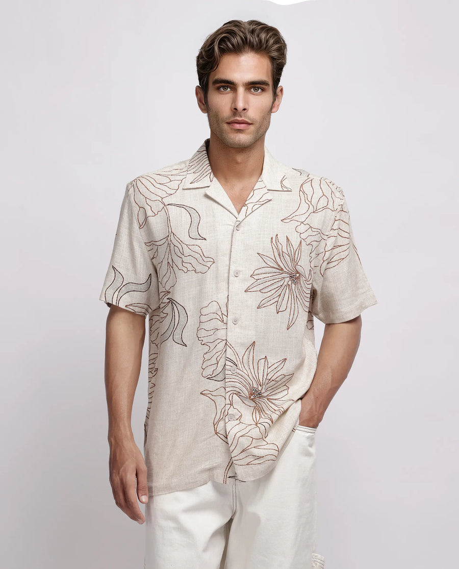 Rare Rabbit Men's Rustel Khaki Cotton Blend Floral Print Relaxed Fit Half Sleeve Cuban Collar Shirt