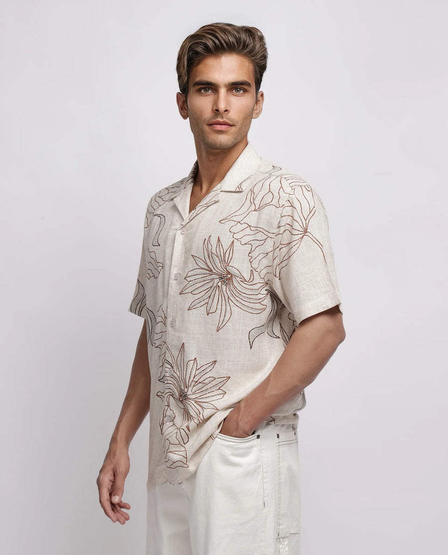 Rare Rabbit Men's Rustel Khaki Cotton Blend Floral Print Relaxed Fit Half Sleeve Cuban Collar Shirt