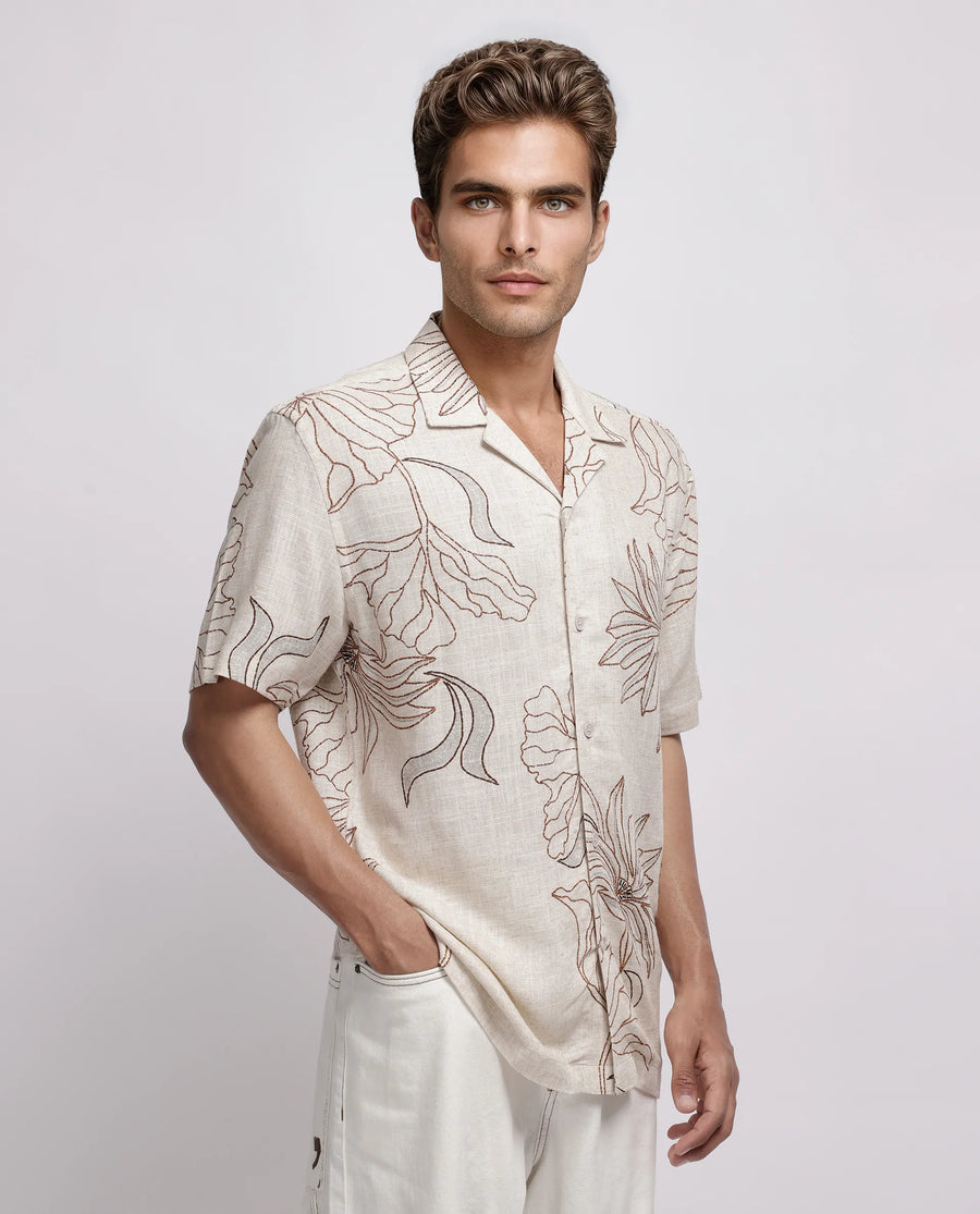 Rare Rabbit Men's Rustel Khaki Cotton Blend Floral Print Relaxed Fit Half Sleeve Cuban Collar Shirt