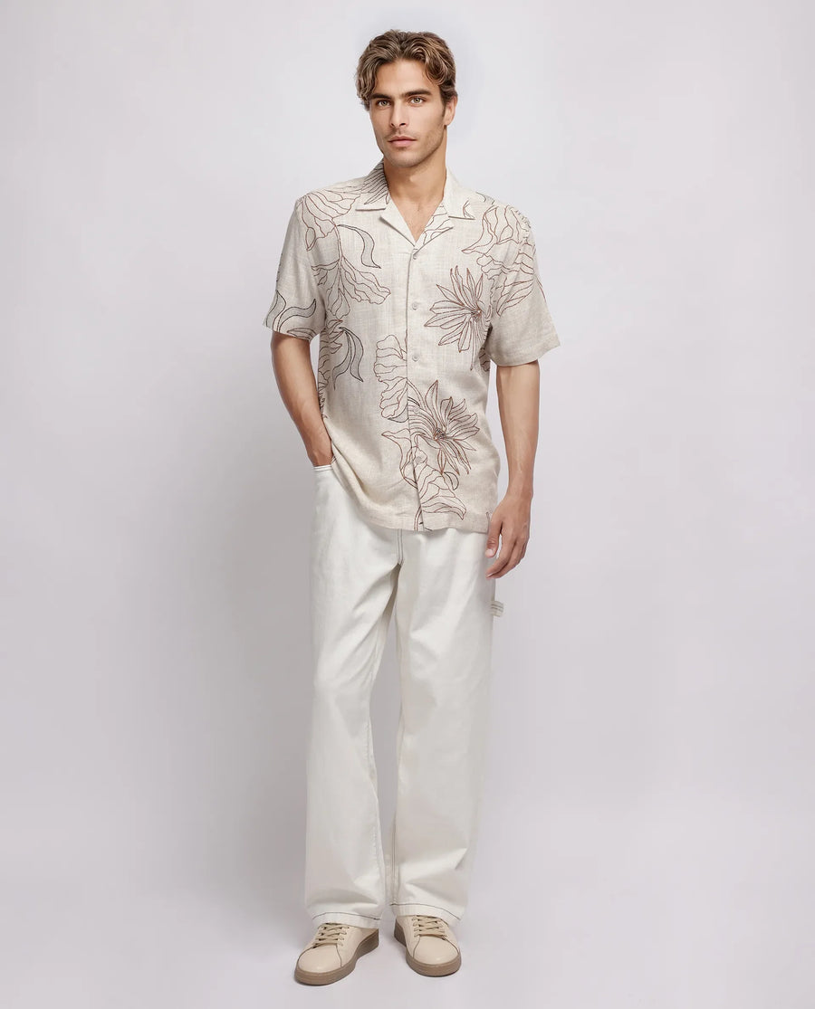 Rare Rabbit Men's Rustel Khaki Cotton Blend Floral Print Relaxed Fit Half Sleeve Cuban Collar Shirt