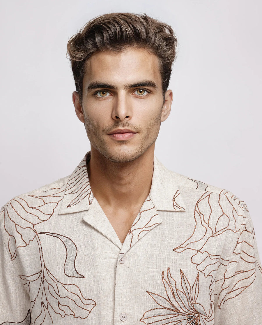 Rare Rabbit Men's Rustel Khaki Cotton Blend Floral Print Relaxed Fit Half Sleeve Cuban Collar Shirt