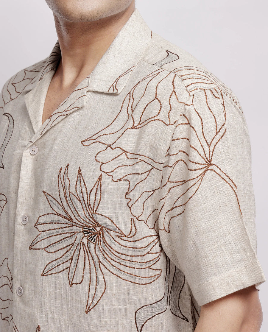 Rare Rabbit Men's Rustel Khaki Cotton Blend Floral Print Relaxed Fit Half Sleeve Cuban Collar Shirt