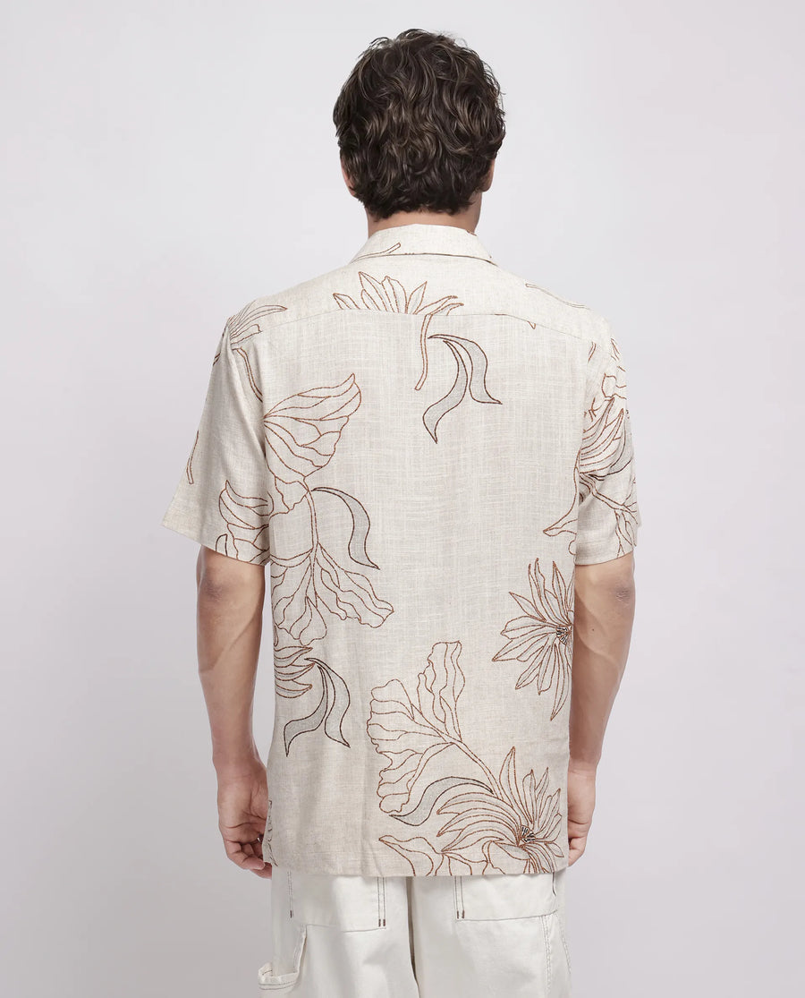 Rare Rabbit Men's Rustel Khaki Cotton Blend Floral Print Relaxed Fit Half Sleeve Cuban Collar Shirt