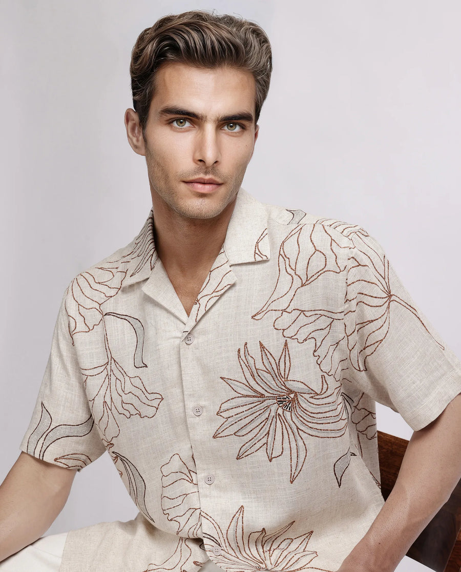 Rare Rabbit Men's Rustel Khaki Cotton Blend Floral Print Relaxed Fit Half Sleeve Cuban Collar Shirt