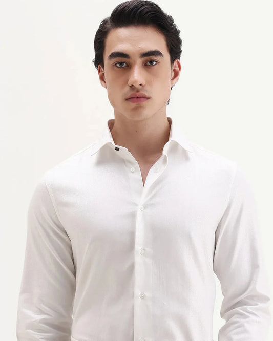 Rare Rabbit Men's Ruther 25 White Cotton Fabric Spread Collar Regular Jacquard Shirt