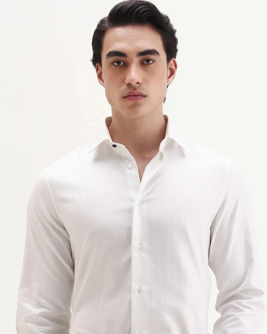 Rare Rabbit Men's Ruther 25 White Cotton Fabric Spread Collar Regular Jacquard Shirt