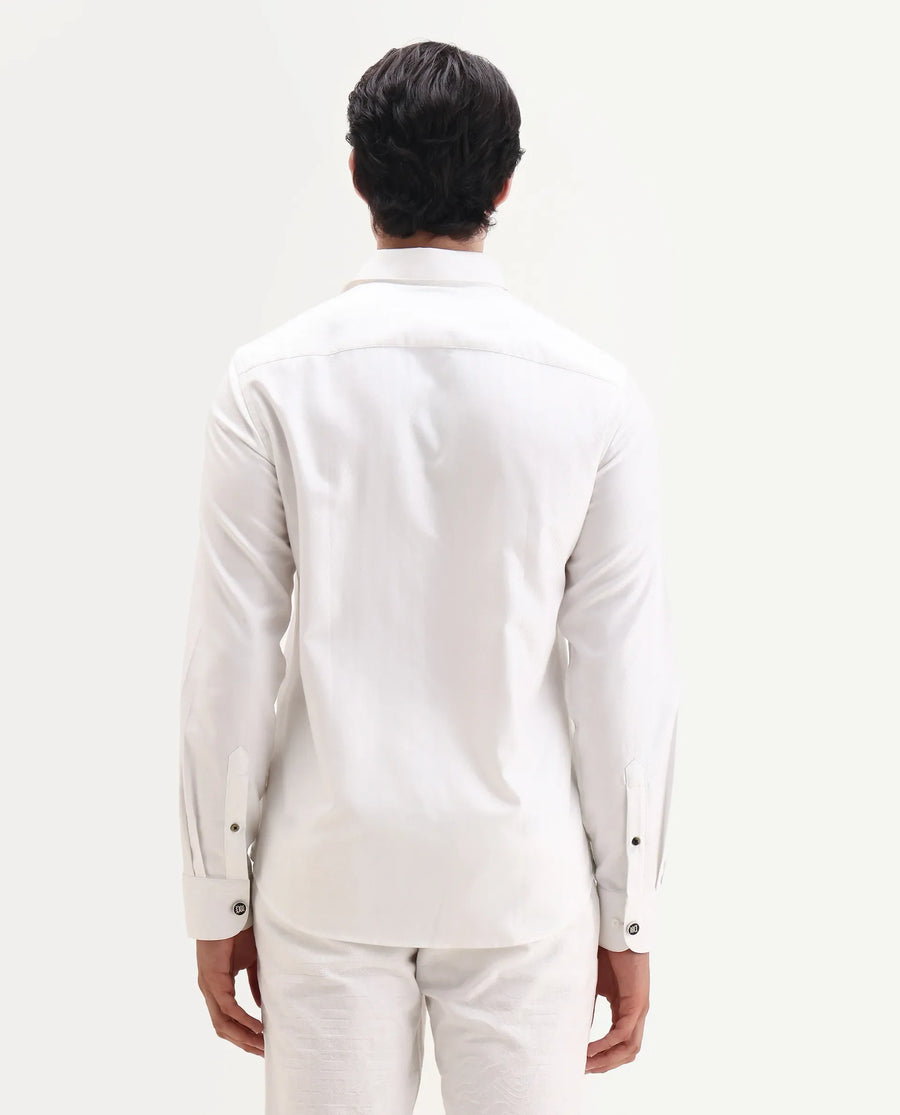 Rare Rabbit Men's Ruther 25 White Cotton Fabric Spread Collar Regular Jacquard Shirt
