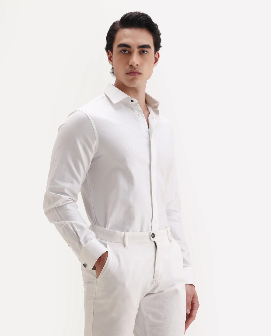 Rare Rabbit Men's Ruther 25 White Cotton Fabric Spread Collar Regular Jacquard Shirt