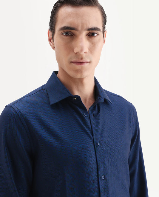 Rare Rabbit Men's Ruther 25 Dark Blue Cotton Fabric Spread Collar Regular Jacquard Shirt