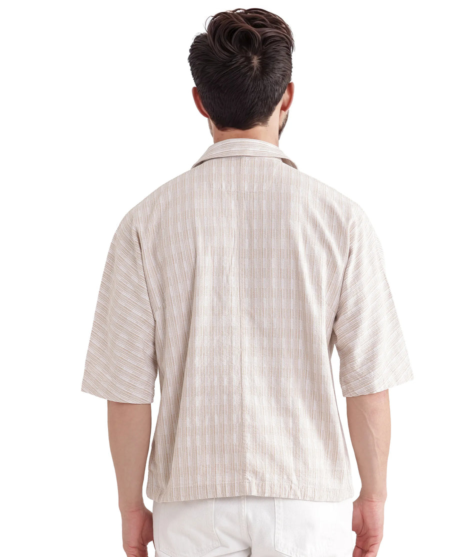 Rare Rabbit Men's Ruto Light Beige Cotton Textured Boxy Fit Half Sleeve Cuban Collar Shirt