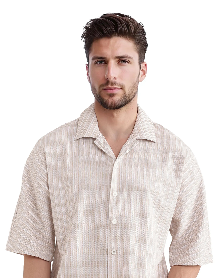 Rare Rabbit Men's Ruto Light Beige Cotton Textured Boxy Fit Half Sleeve Cuban Collar Shirt