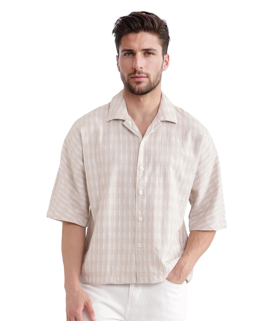 Rare Rabbit Men's Ruto Light Beige Cotton Textured Boxy Fit Half Sleeve Cuban Collar Shirt