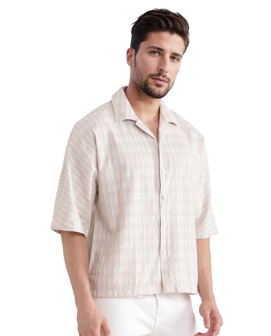 Rare Rabbit Men's Ruto Light Beige Cotton Textured Boxy Fit Half Sleeve Cuban Collar Shirt