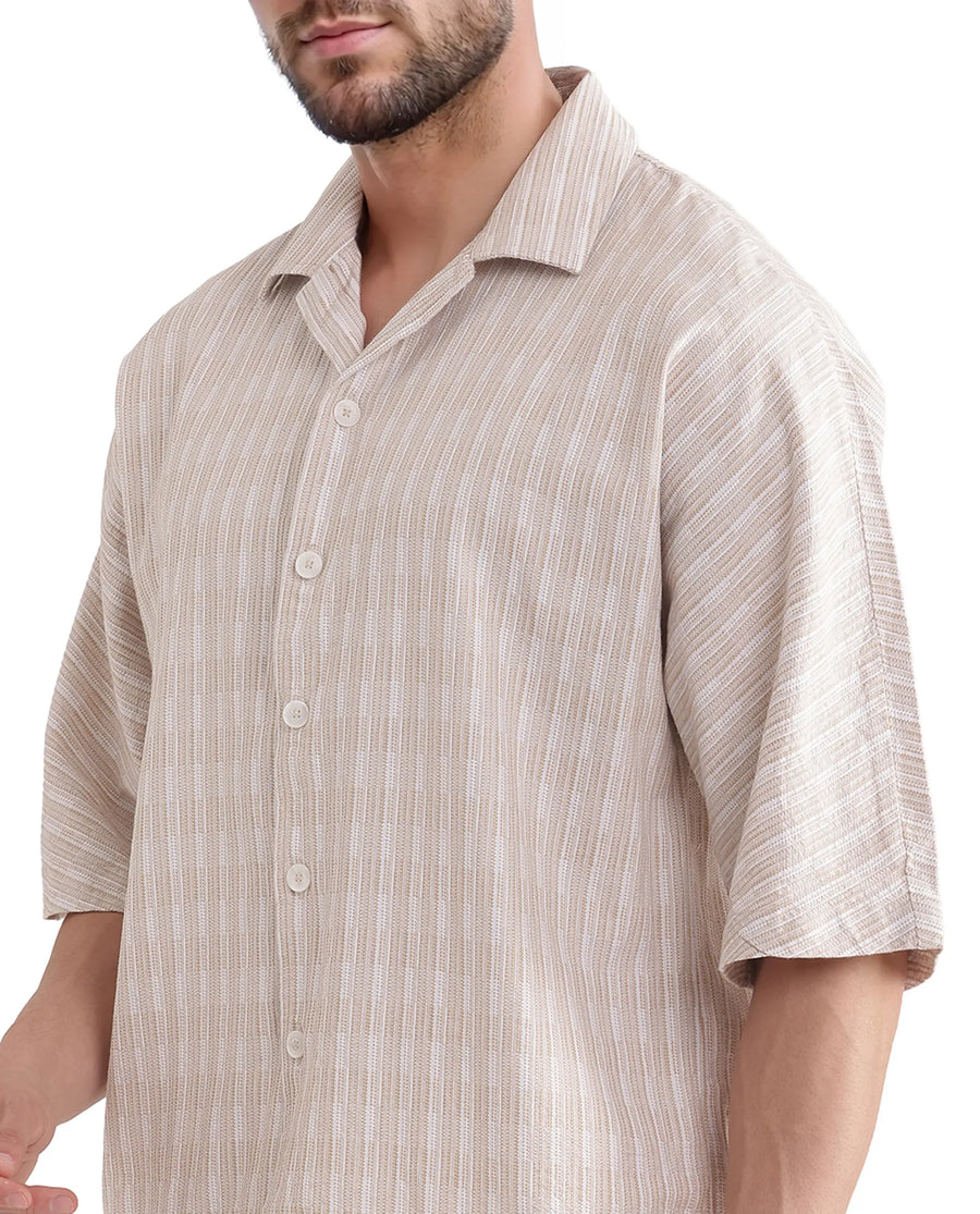Rare Rabbit Men's Ruto Light Beige Cotton Textured Boxy Fit Half Sleeve Cuban Collar Shirt