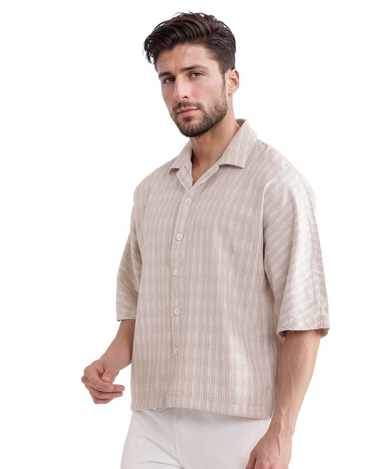 Rare Rabbit Men's Ruto Light Beige Cotton Textured Boxy Fit Half Sleeve Cuban Collar Shirt