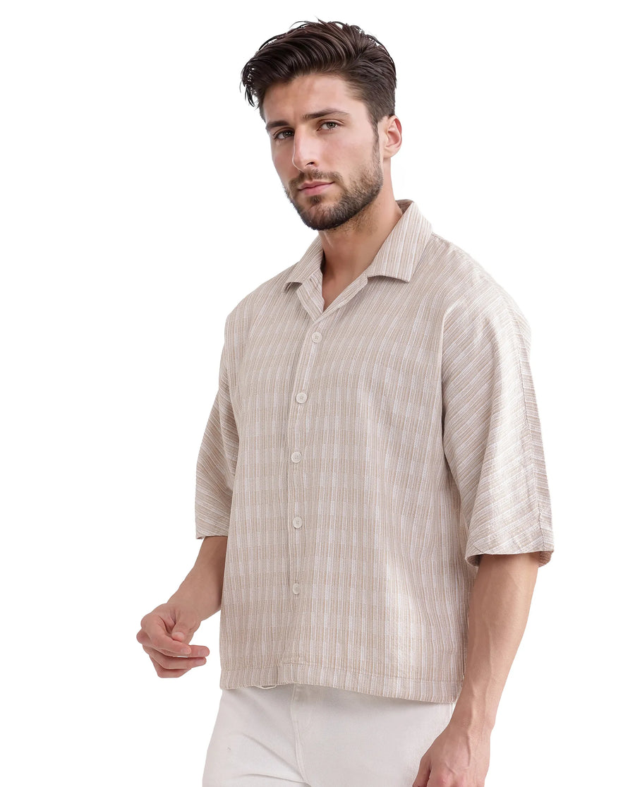 Rare Rabbit Men's Ruto Light Beige Cotton Textured Boxy Fit Half Sleeve Cuban Collar Shirt