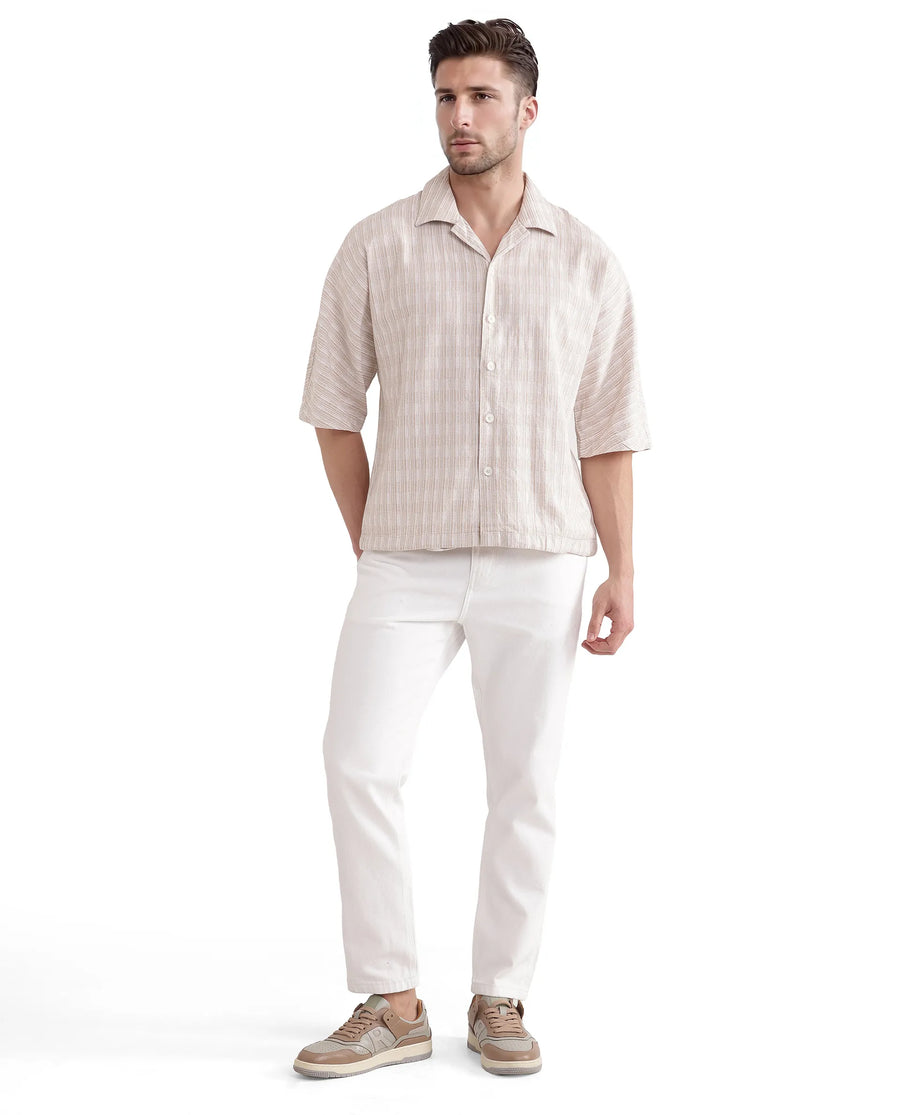 Rare Rabbit Men's Ruto Light Beige Cotton Textured Boxy Fit Half Sleeve Cuban Collar Shirt