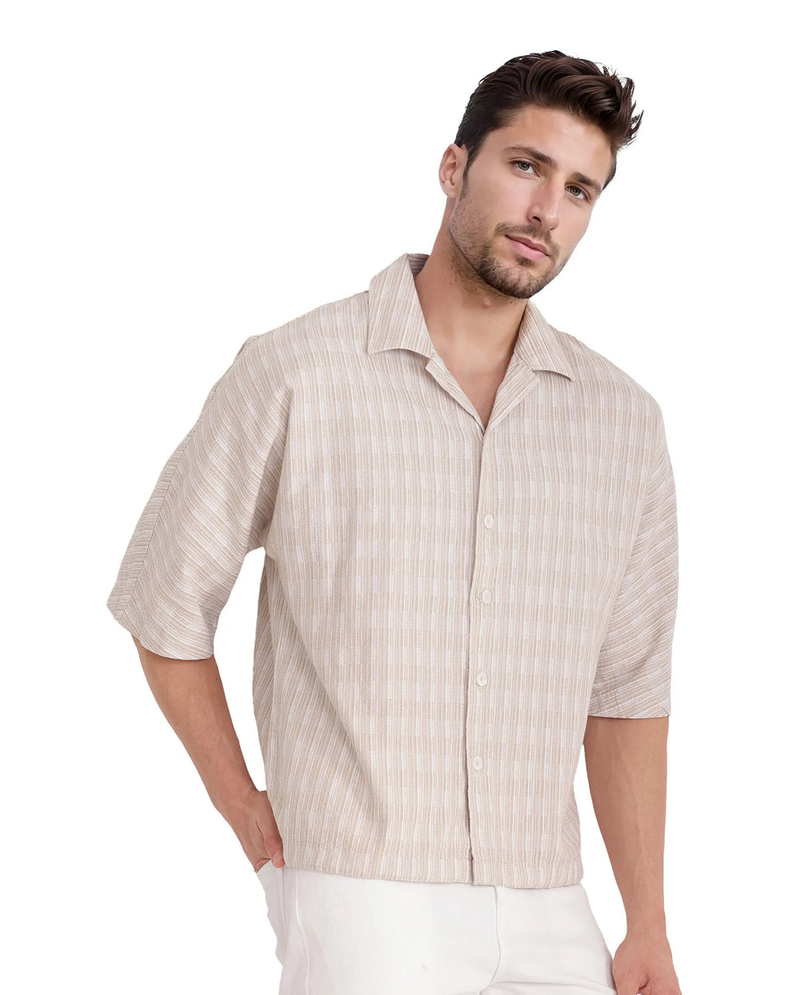 Rare Rabbit Men's Ruto Light Beige Cotton Textured Boxy Fit Half Sleeve Cuban Collar Shirt