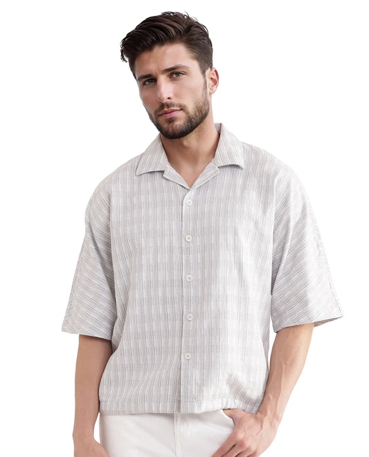 Rare Rabbit Men's Ruto Light Grey Cotton Textured Boxy Fit Half Sleeve Cuban Collar Shirt