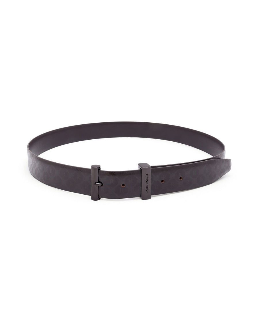 Rare Rabbit Men's Ryan Brown Reversible Monogram Print Gun Metal Belt
