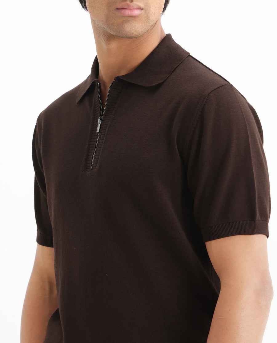 Rare Rabbit Men's Ryd Brown Cotton Plain Regular Fit Half Sleeve Polo