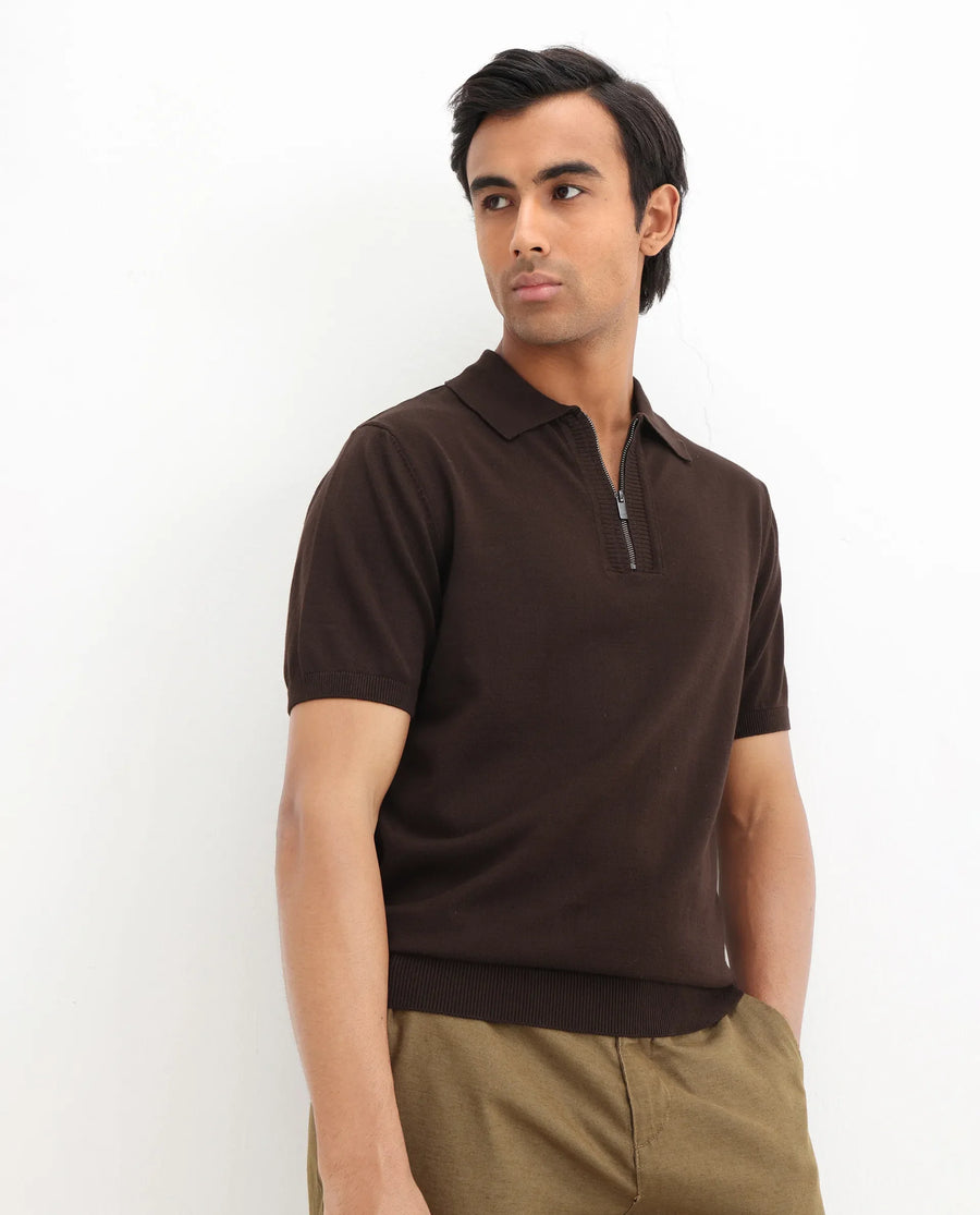 Rare Rabbit Men's Ryd Brown Cotton Plain Regular Fit Half Sleeve Polo