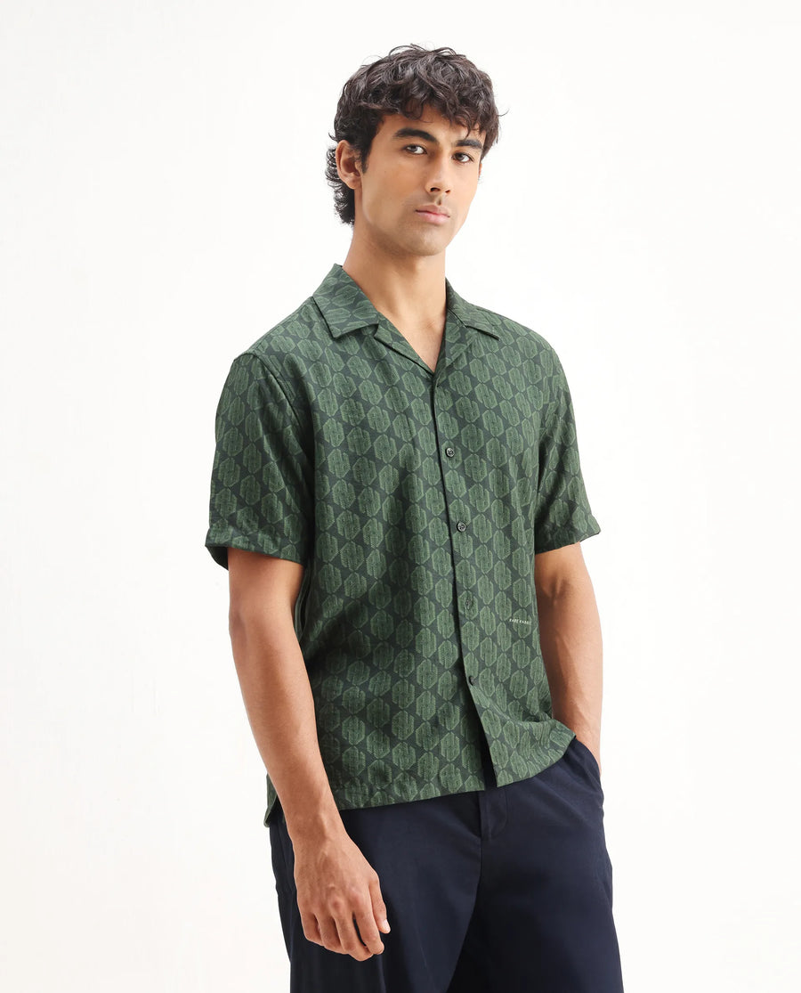 Rare Rabbit Men's Rynox Green Viscose Blend Monogram Print Relaxed Fit Half Sleeve Cuban Collar Shirt