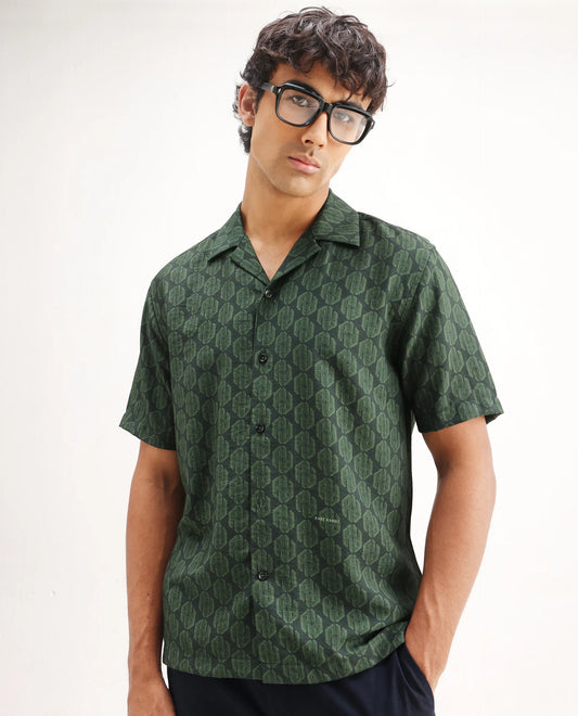Rare Rabbit Men's Rynox Green Viscose Blend Monogram Print Relaxed Fit Half Sleeve Cuban Collar Shirt