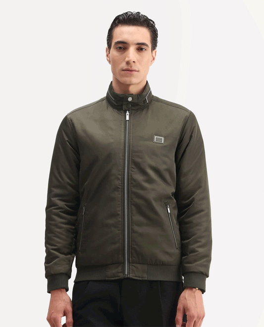 Rare Rabbit Men's Royban-25 Olive Polyester Plain Regular Fit Full Sleeve High Neck Jacket