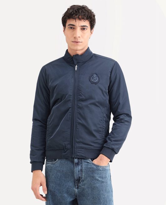 Rare Rabbit Men's Royban Navy Polyester Plain Regular Fit Full Sleeve Mandarin Collar Jacket