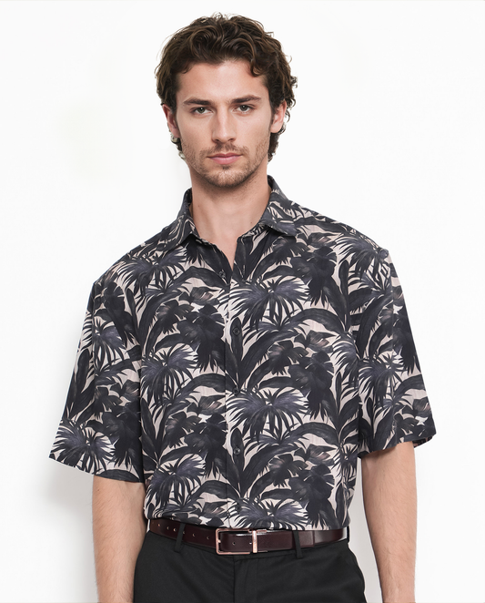 Rare Rabbit Men's Sabel Black Viscose Tropical Print Boxy Fit Half Sleeve Collared Shirt
