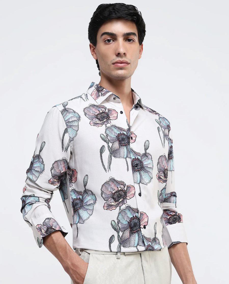 Rare Rabbit Men's Saddle-1 Light Pink Viscose Floral Print Regular Fit Full Sleeve Collared Shirt