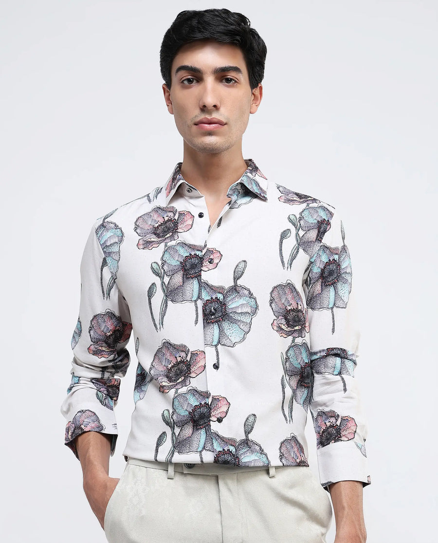 Rare Rabbit Men's Saddle-1 Light Pink Viscose Floral Print Regular Fit Full Sleeve Collared Shirt