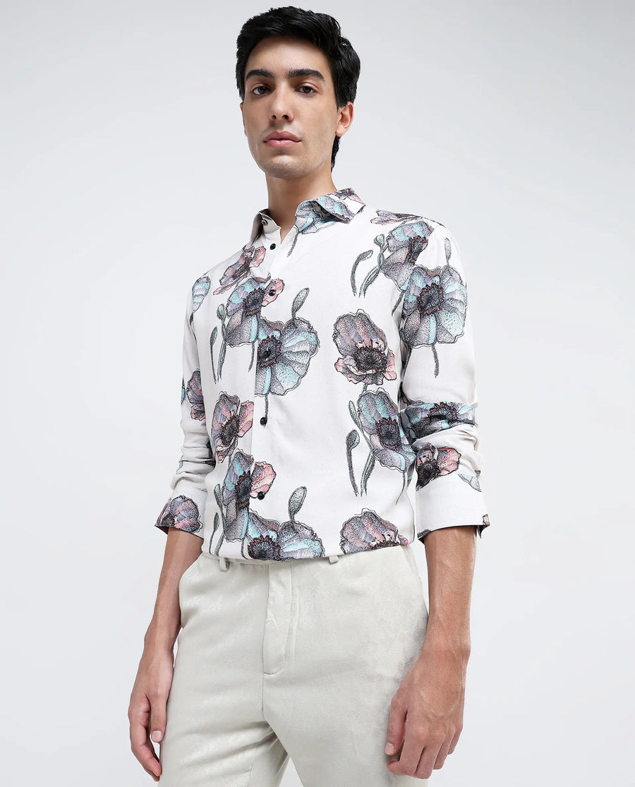 Rare Rabbit Men's Saddle-1 Light Pink Viscose Floral Print Regular Fit Full Sleeve Collared Shirt