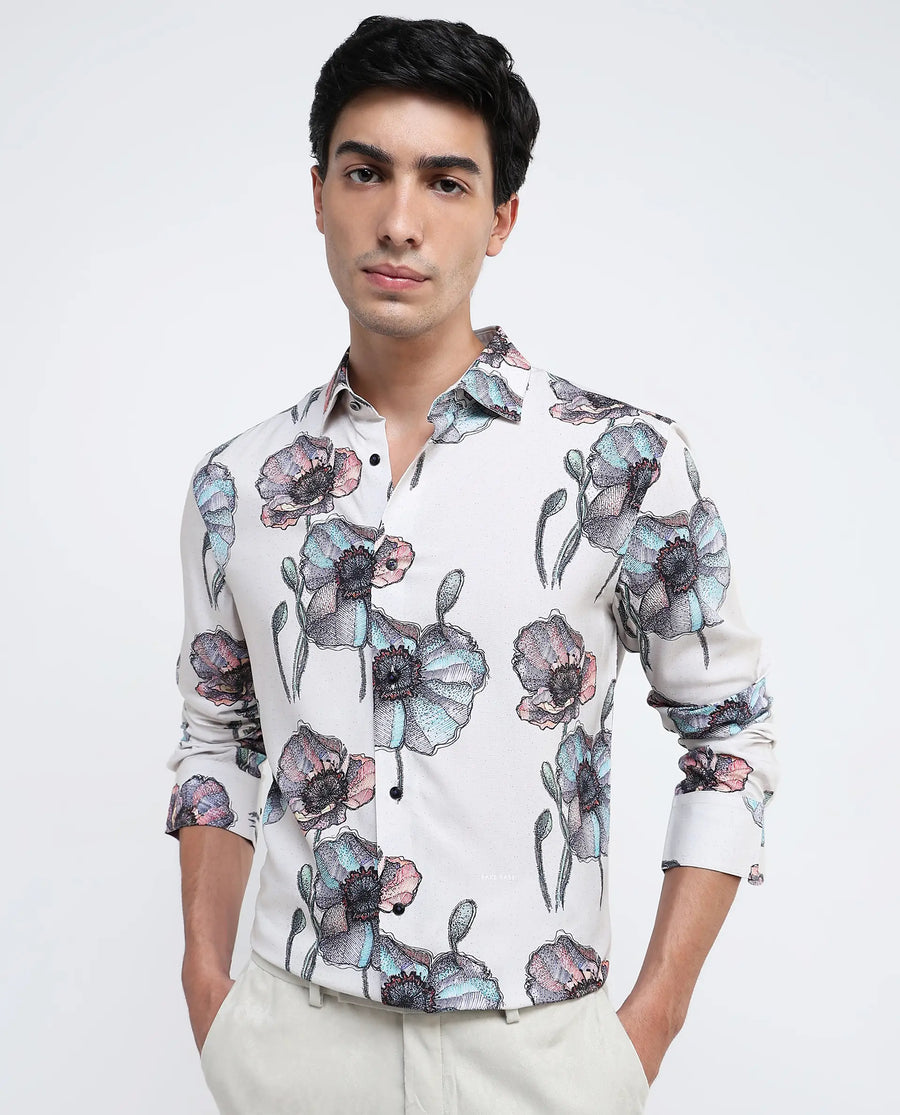 Rare Rabbit Men's Saddle-1 Light Pink Viscose Floral Print Regular Fit Full Sleeve Collared Shirt