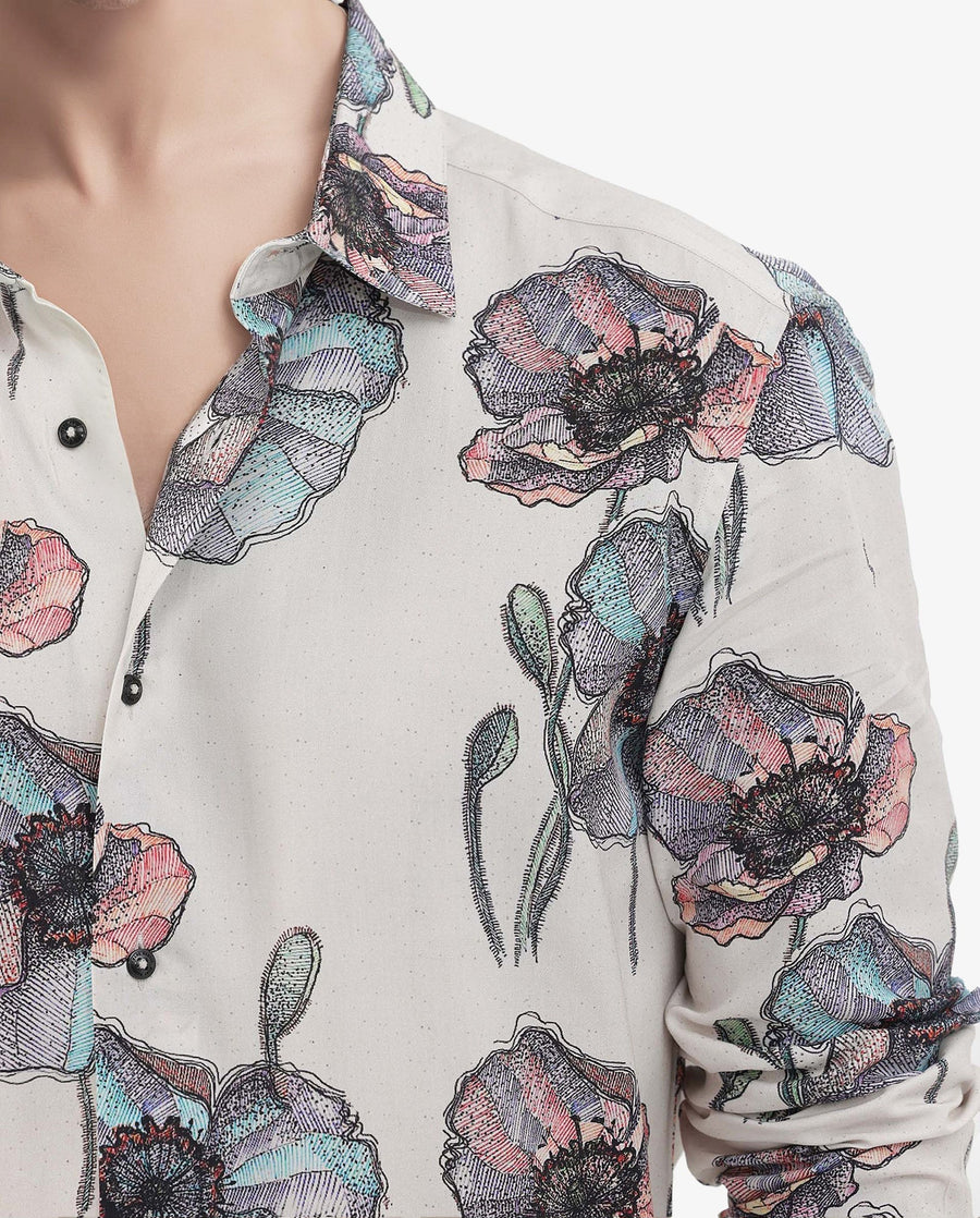 Rare Rabbit Men's Saddle Light Pink Viscose Floral Print Regular Fit Full Sleeve Collared Shirt