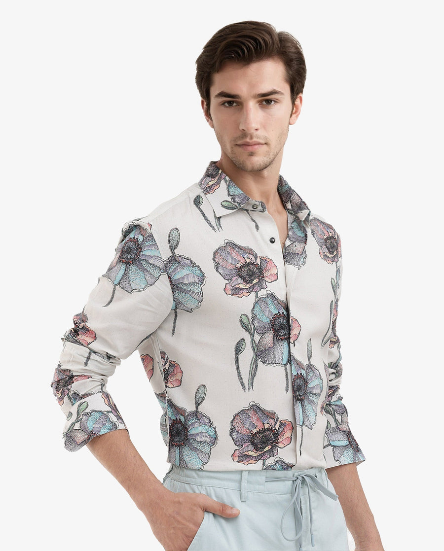Rare Rabbit Men's Saddle Light Pink Viscose Floral Print Regular Fit Full Sleeve Collared Shirt