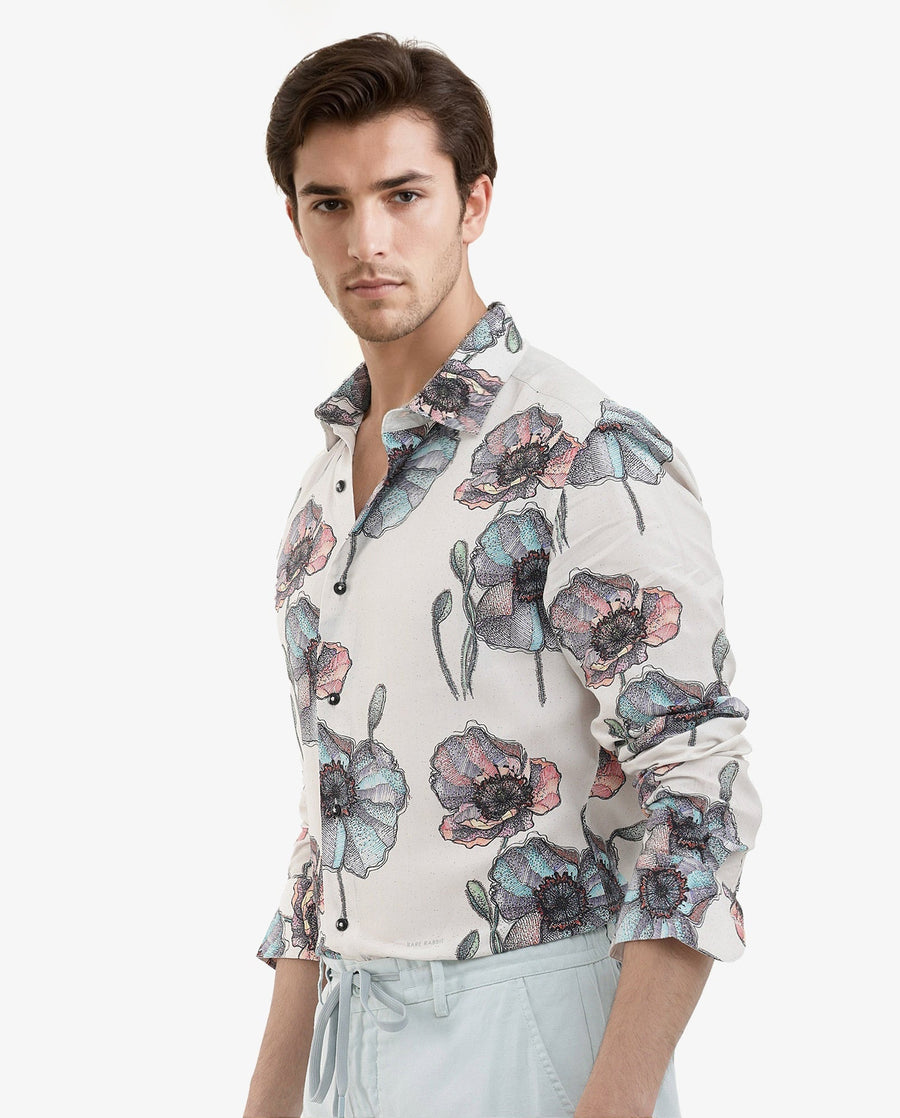 Rare Rabbit Men's Saddle Light Pink Viscose Floral Print Regular Fit Full Sleeve Collared Shirt