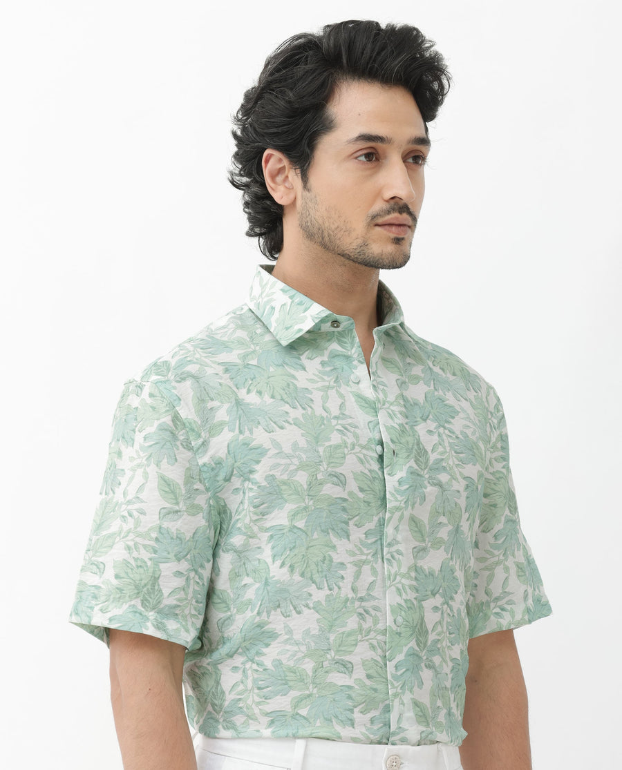 Rare Rabbit Men's Sage Pastel Green Viscose Floral Print Boxy Fit Half Sleeve Collared Shirt