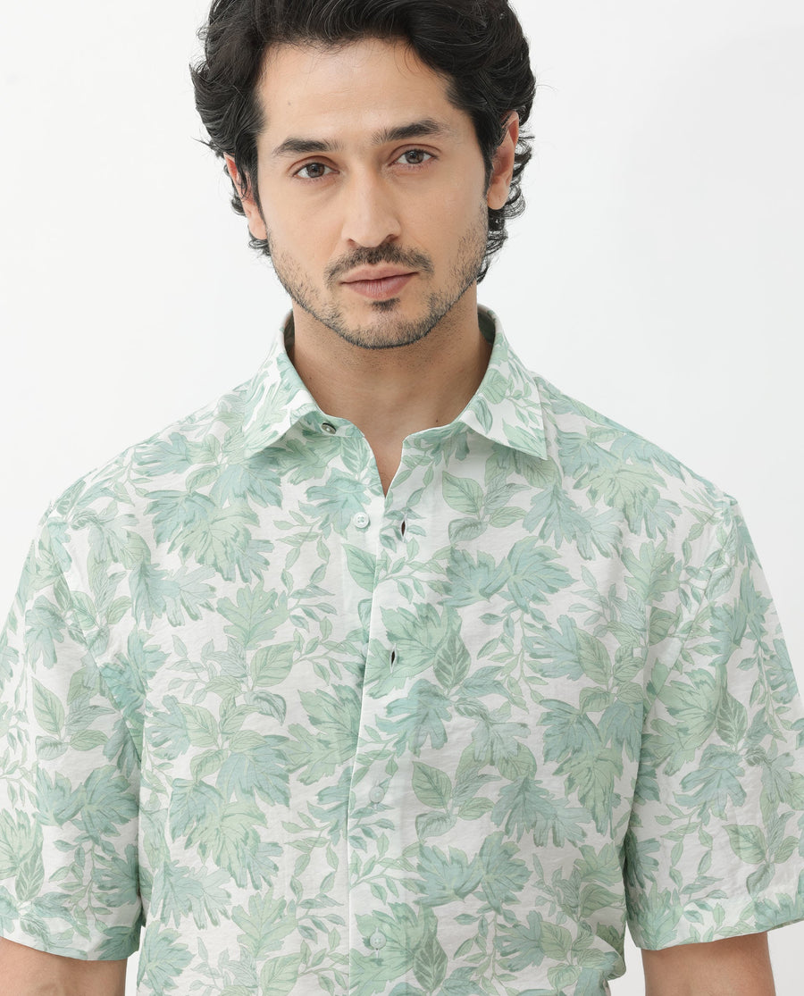 Rare Rabbit Men's Sage Pastel Green Viscose Floral Print Boxy Fit Half Sleeve Collared Shirt