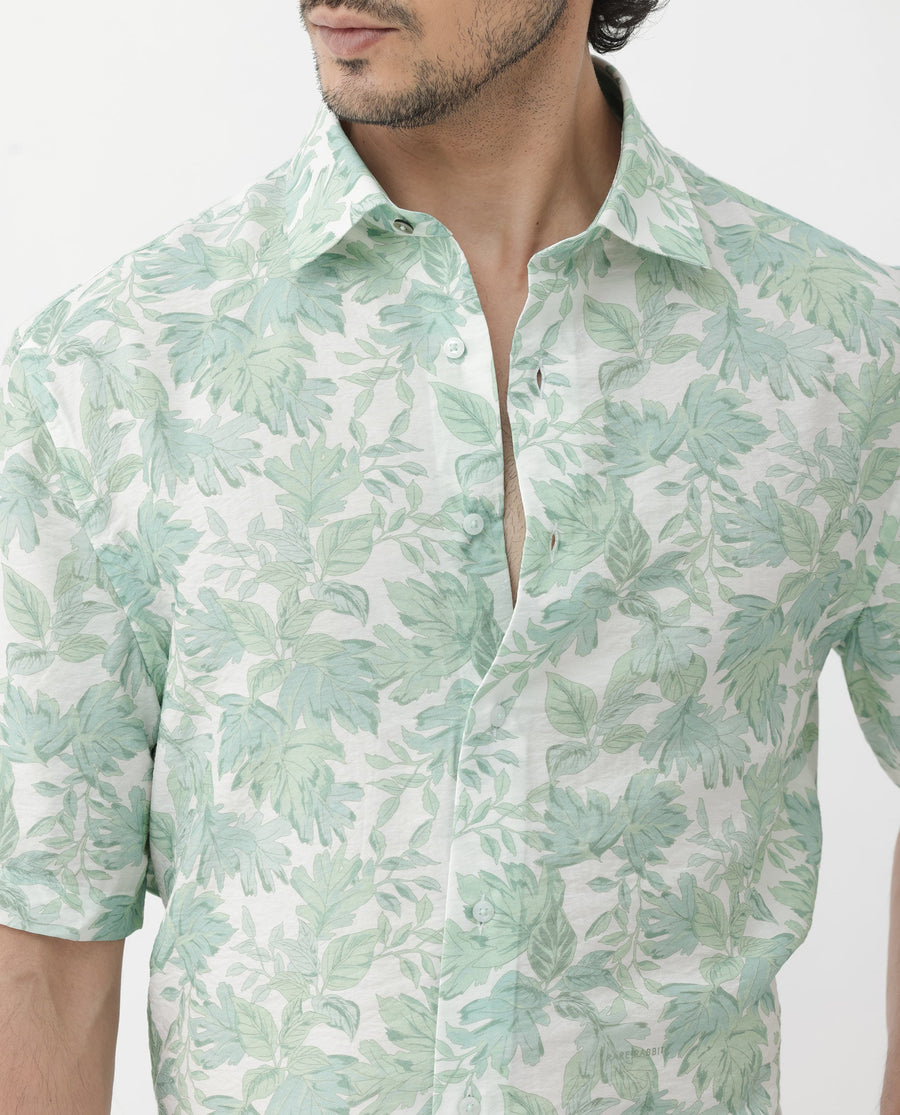 Rare Rabbit Men's Sage Pastel Green Viscose Floral Print Boxy Fit Half Sleeve Collared Shirt
