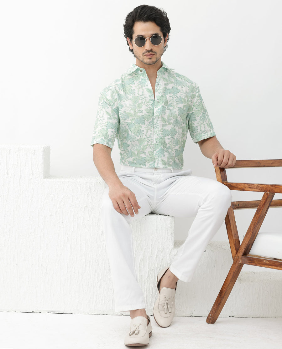 Rare Rabbit Men's Sage Pastel Green Viscose Floral Print Boxy Fit Half Sleeve Collared Shirt