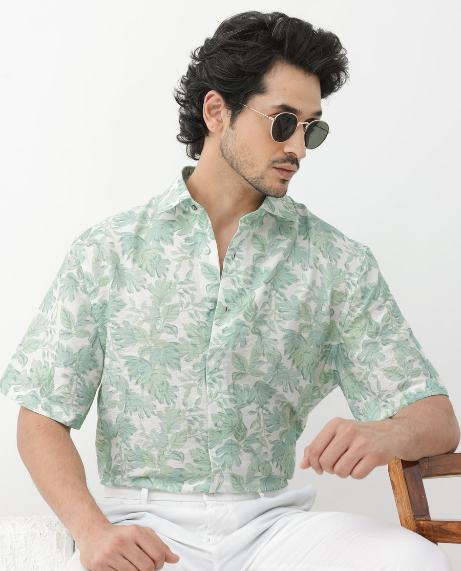 Rare Rabbit Men's Sage Pastel Green Viscose Floral Print Boxy Fit Half Sleeve Collared Shirt