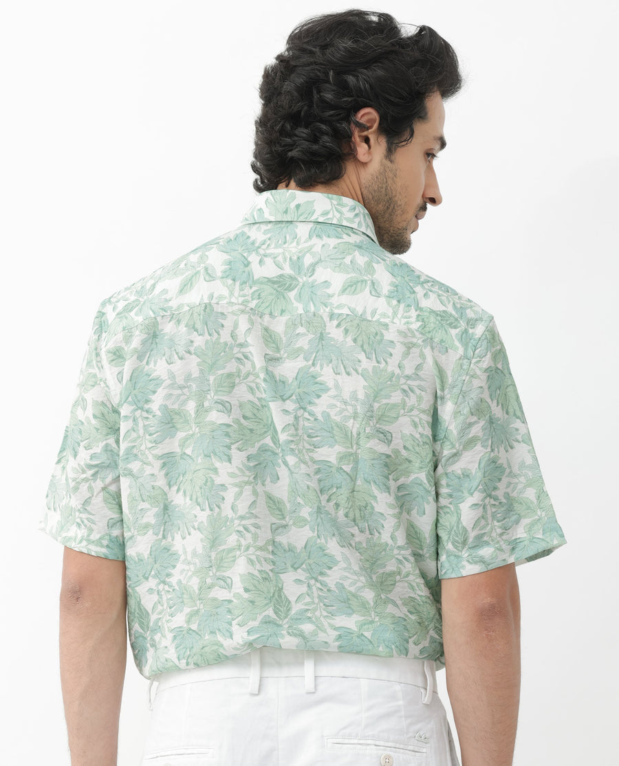Rare Rabbit Men's Sage Pastel Green Viscose Floral Print Boxy Fit Half Sleeve Collared Shirt