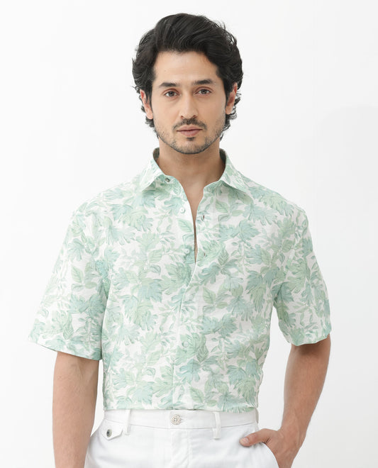 Rare Rabbit Men's Sage Pastel Green Viscose Floral Print Boxy Fit Half Sleeve Collared Shirt