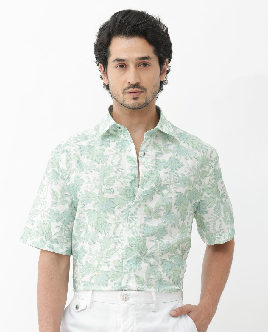 Rare Rabbit Men's Sage Pastel Green Viscose Floral Print Boxy Fit Half Sleeve Collared Shirt