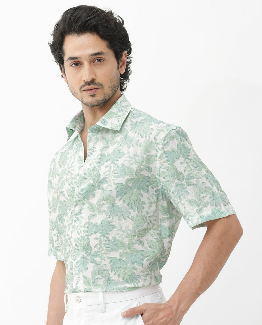Rare Rabbit Men's Sage Pastel Green Viscose Floral Print Boxy Fit Half Sleeve Collared Shirt