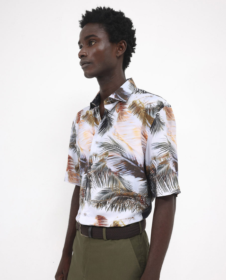 Rare Rabbit Men's Saiph Pastel Purple Viscose Tropical Print Boxy Fit Half Sleeve Collared Shirt