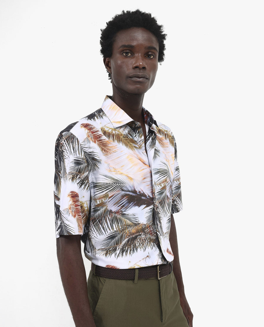 Rare Rabbit Men's Saiph Pastel Purple Viscose Tropical Print Boxy Fit Half Sleeve Collared Shirt