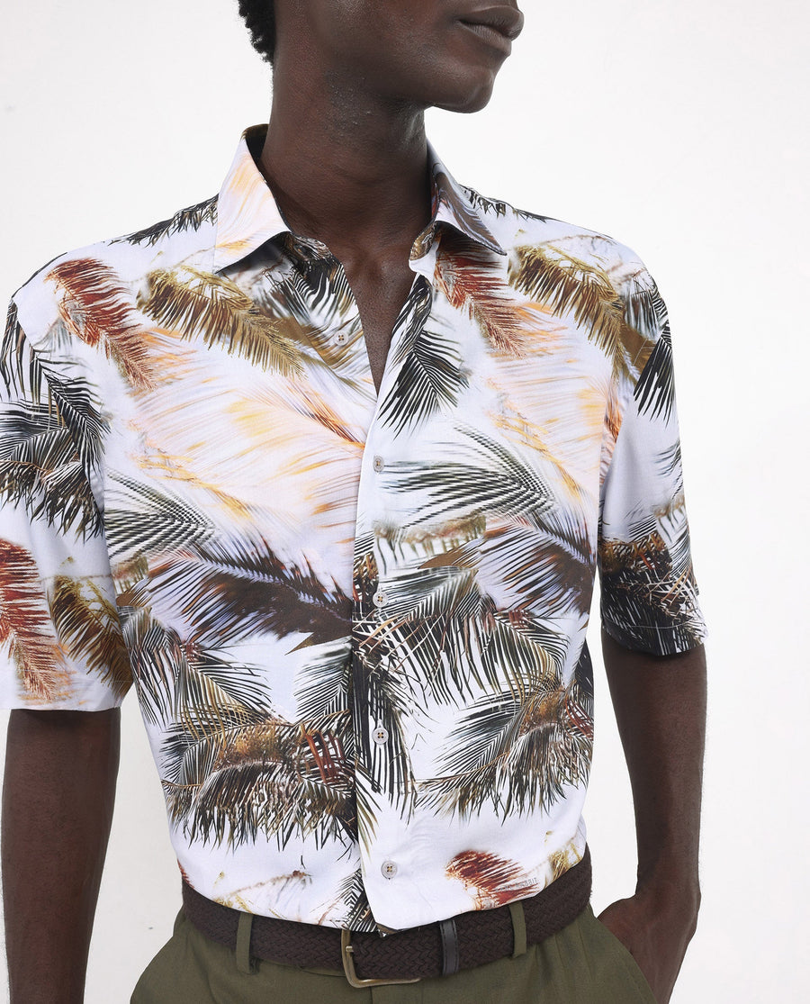 Rare Rabbit Men's Saiph Pastel Purple Viscose Tropical Print Boxy Fit Half Sleeve Collared Shirt